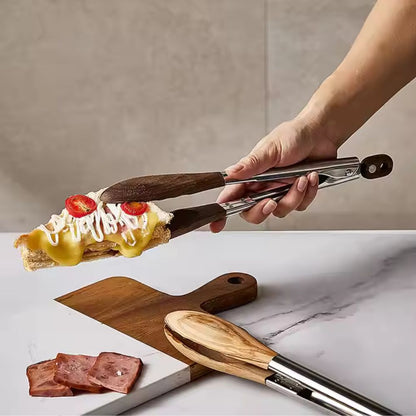 Stainless Steel and Wood Kitchen Tongs Set – 2-Piece Cooking and Serving Tongs