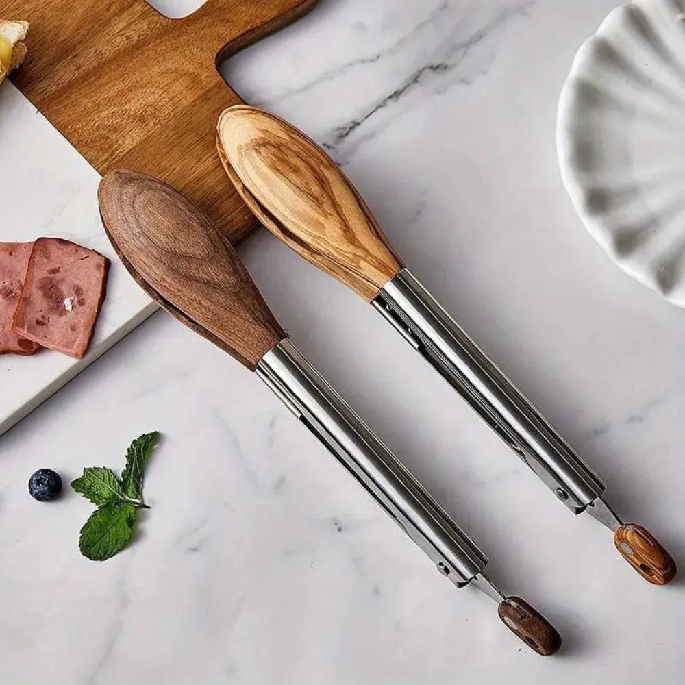 Stainless Steel and Wood Kitchen Tongs Set – 2-Piece Cooking and Serving Tongs