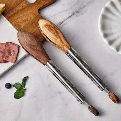 Stainless Steel and Wood Kitchen Tongs Set – 2-Piece Cooking and Serving Tongs