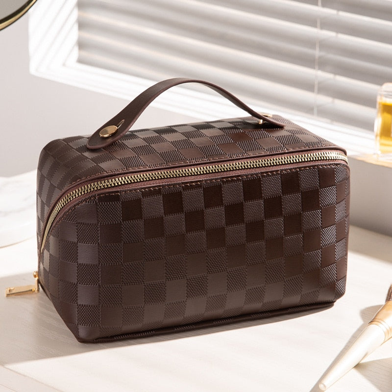 Synthetic Leather Cosmetic Bag with Multiple Compartments