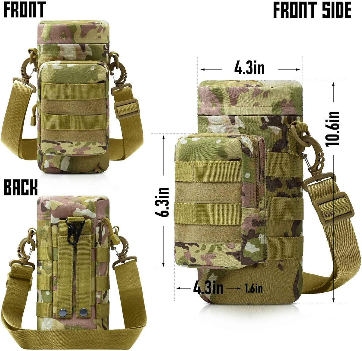 Tactical Insulated MOLLE Water Bottle Pouch with Front Zipper Pocket