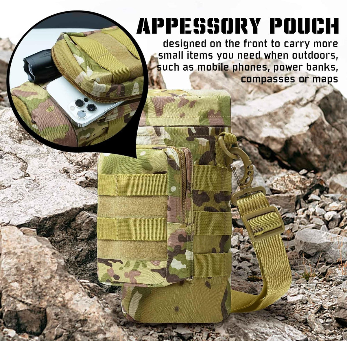 Tactical Insulated MOLLE Water Bottle Pouch with Front Zipper Pocket