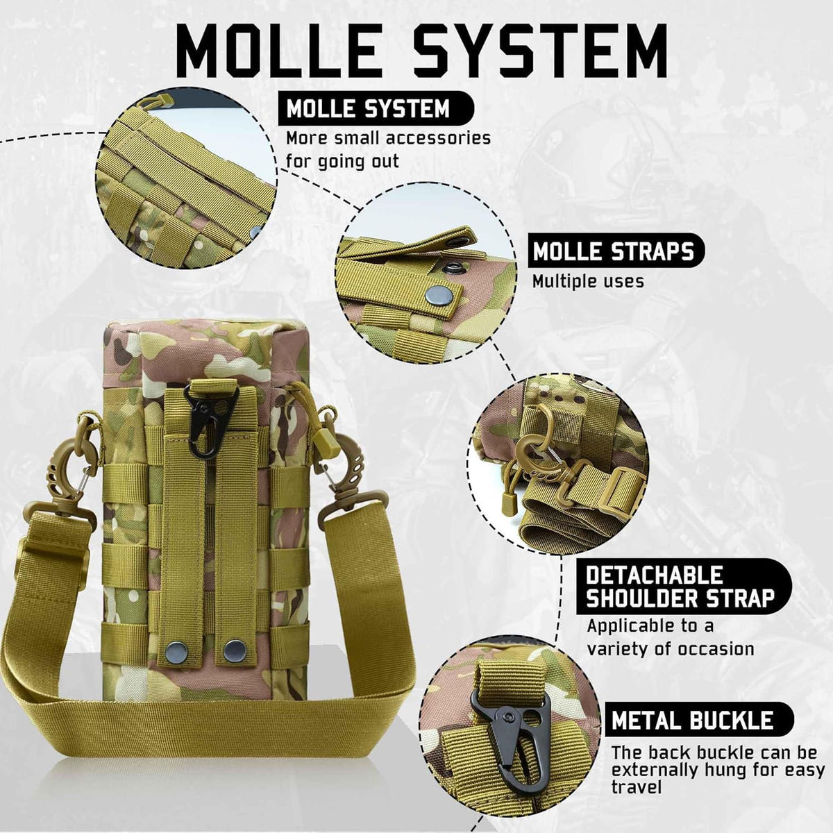Tactical Insulated MOLLE Water Bottle Pouch with Front Zipper Pocket