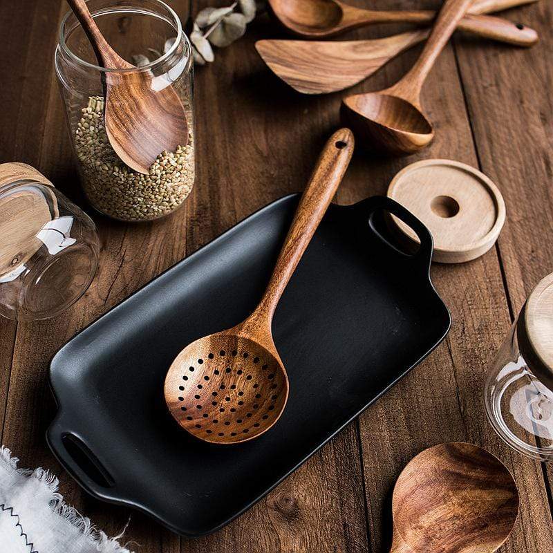 Teak Wood Kitchen Utensil Set with Food-Safe Mineral Oil Finish