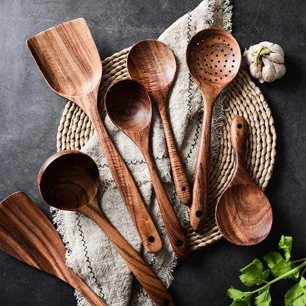 Teak Wood Kitchen Utensil Set with Food-Safe Mineral Oil Finish