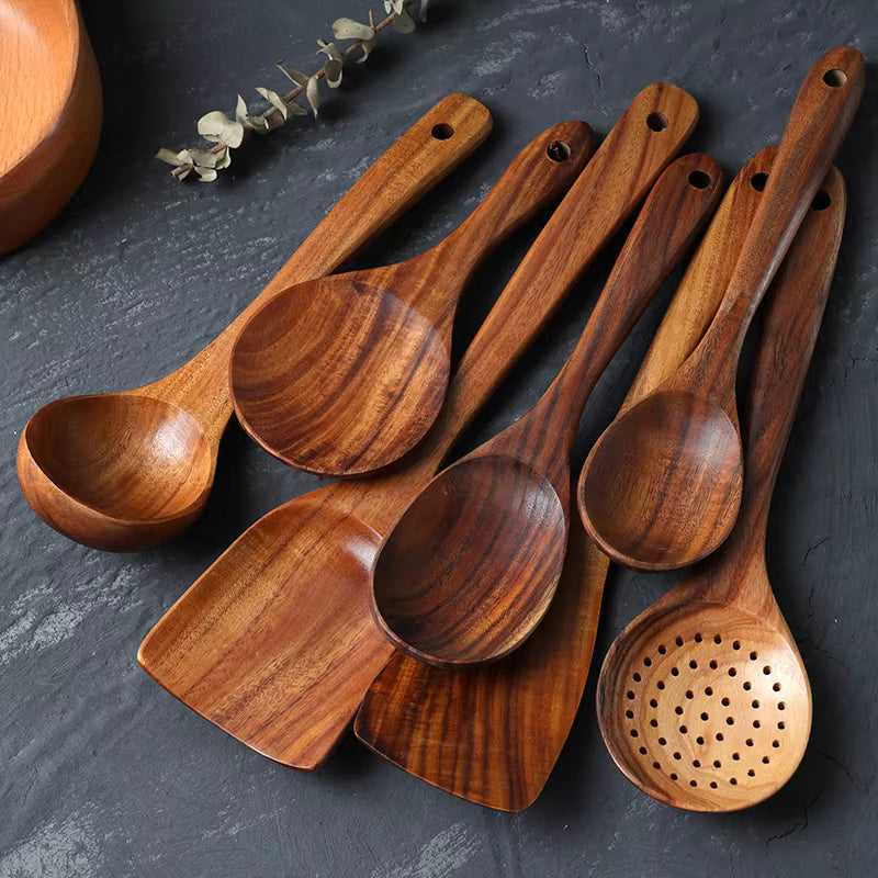 Teak Wood Kitchen Utensil Set with Food-Safe Mineral Oil Finish