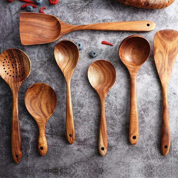 Teak Wood Kitchen Utensil Set with Food-Safe Mineral Oil Finish