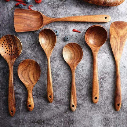Teak Wood Kitchen Utensil Set with Food-Safe Mineral Oil Finish