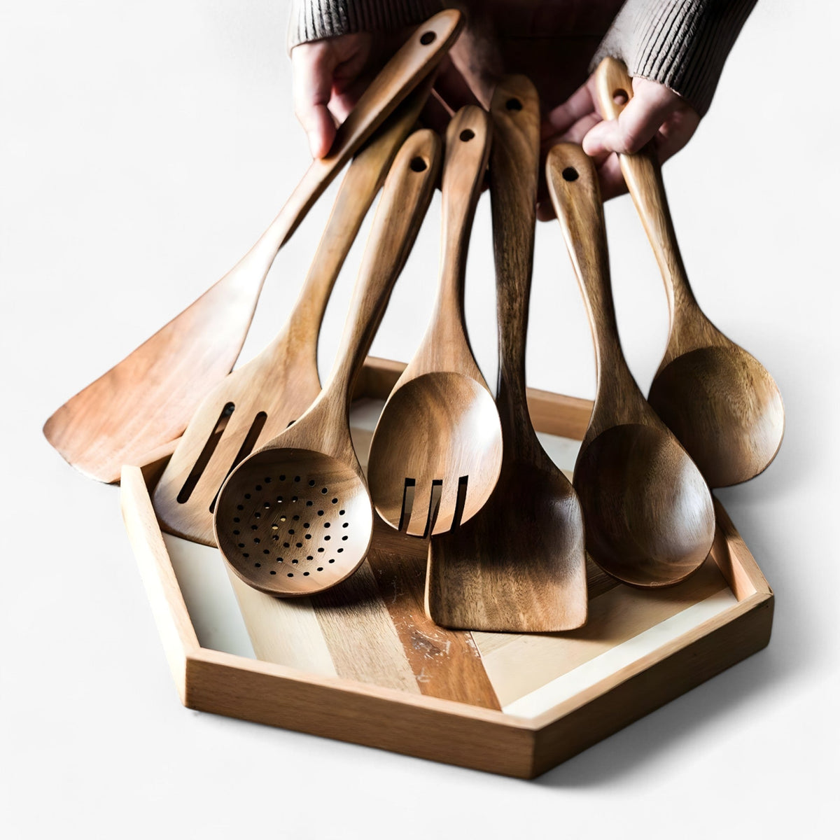 Teak Wood Kitchen Utensil Set with Holder 9 Piece Cooking Tools