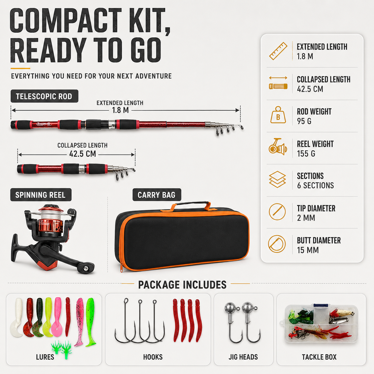 Telescopic Travel Fishing Rod Set with Spinning Reel Baits and Hooks