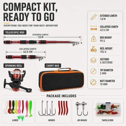 Telescopic Travel Fishing Rod Set with Spinning Reel Baits and Hooks