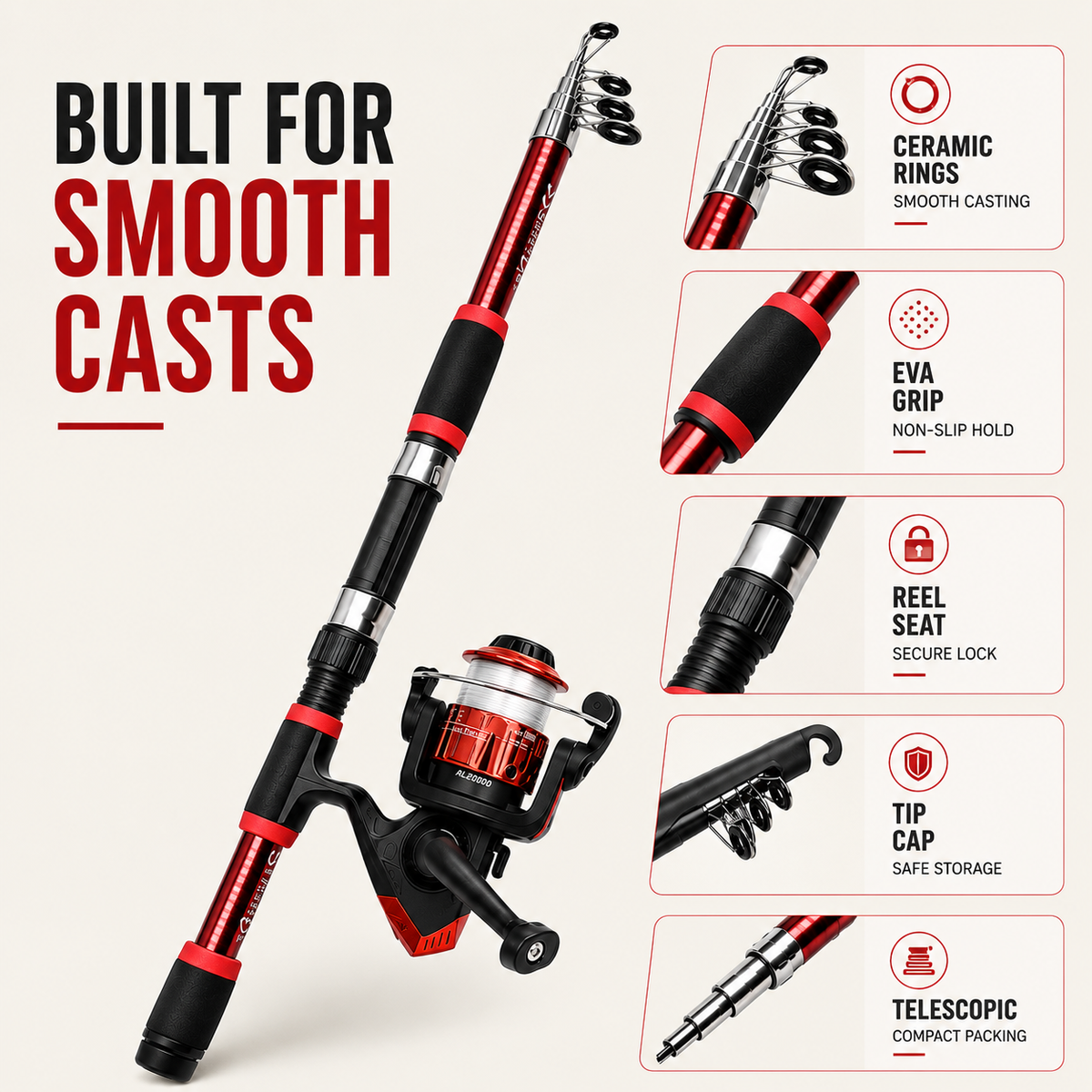 Telescopic Travel Fishing Rod Set with Spinning Reel Baits and Hooks