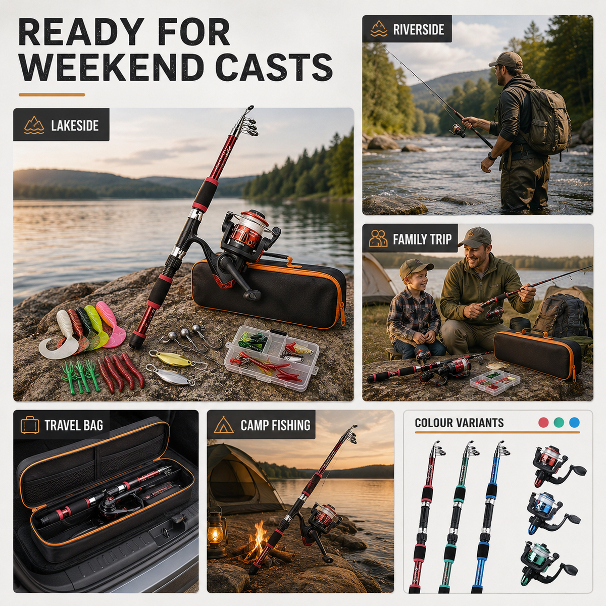 Telescopic Travel Fishing Rod Set with Spinning Reel Baits and Hooks