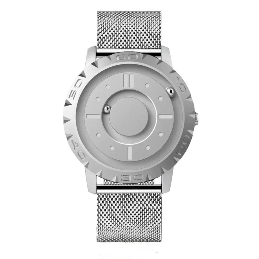 Futuristic Magnetic Ball Watch Stainless Steel Quartz Timepiece Adjustable Milanese Mesh Strap