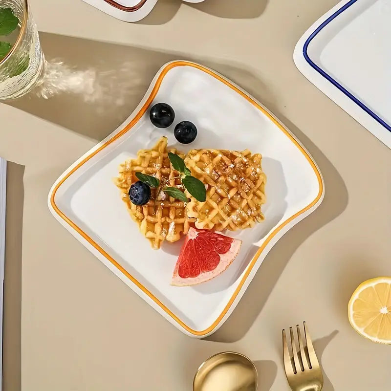 Toast Shaped Ceramic Plate with Smooth Glossy Finish for Breakfast and Desserts