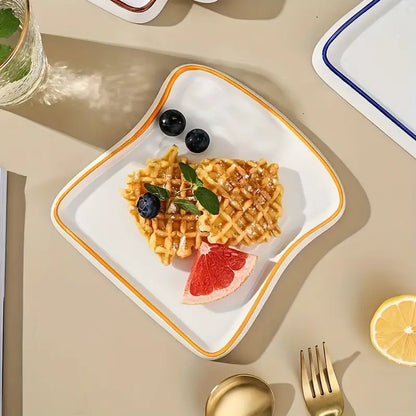Toast Shaped Ceramic Plate with Smooth Glossy Finish for Breakfast and Desserts