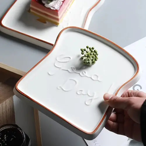 Toast Shaped Ceramic Plate with Smooth Glossy Finish for Breakfast and Desserts