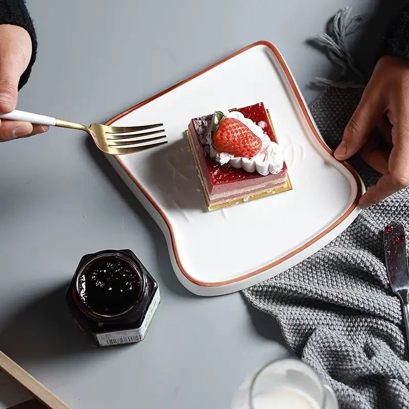 Toast Shaped Ceramic Plate with Smooth Glossy Finish for Breakfast and Desserts