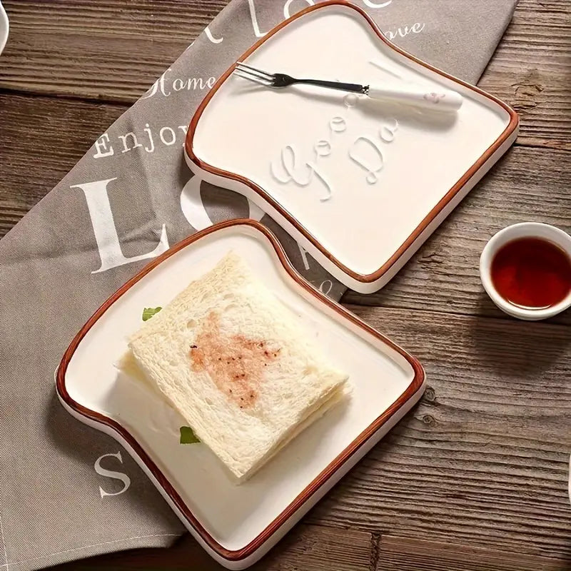 Toast Shaped Ceramic Plate with Smooth Glossy Finish for Breakfast and Desserts