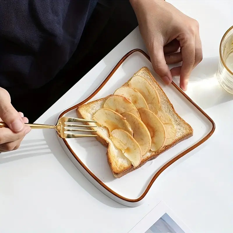 Toast Shaped Ceramic Plate with Smooth Glossy Finish for Breakfast and Desserts