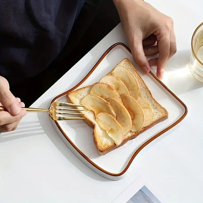 Toast Shaped Ceramic Plate with Smooth Glossy Finish for Breakfast and Desserts