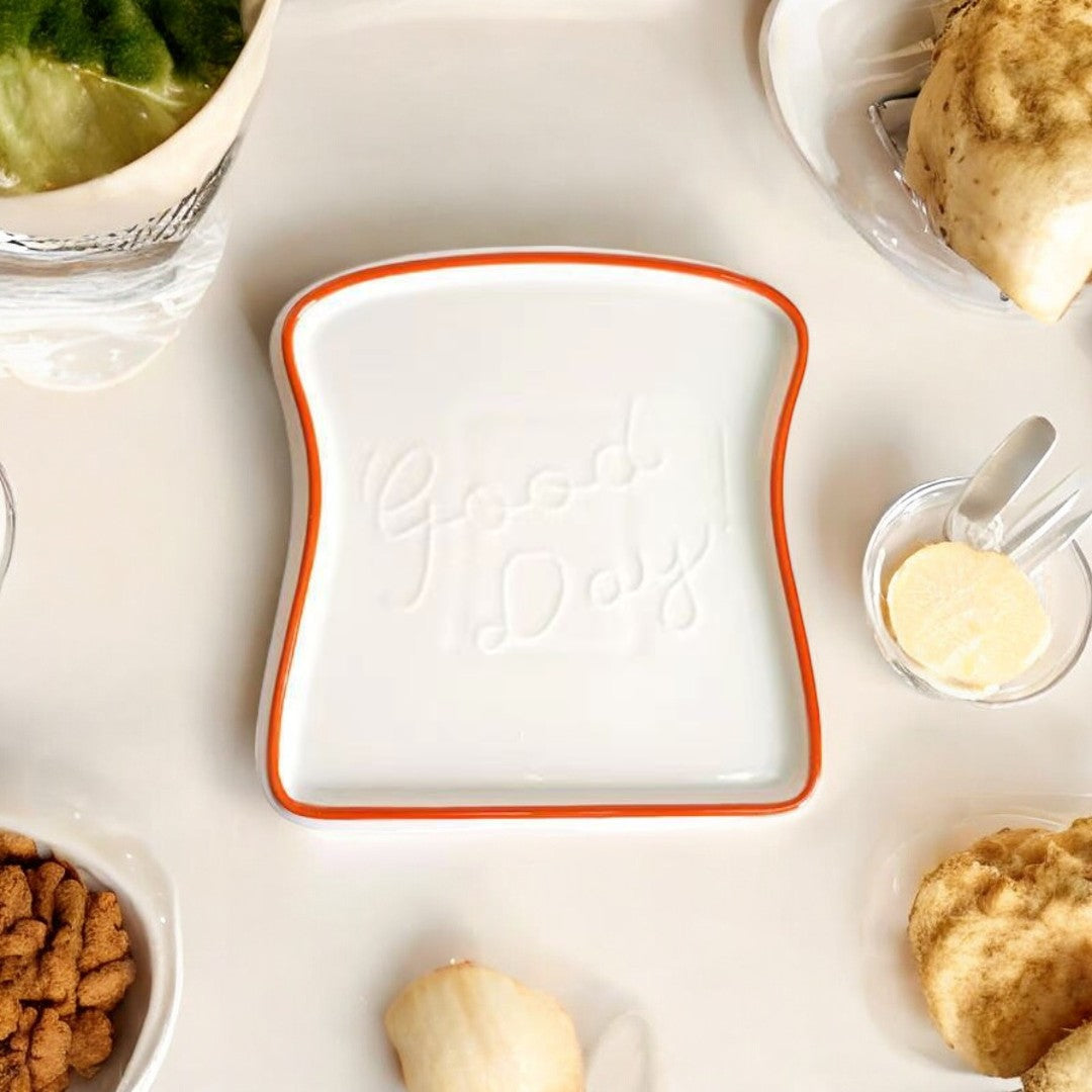 Toast Shaped Ceramic Plate with Smooth Glossy Finish for Breakfast and Desserts