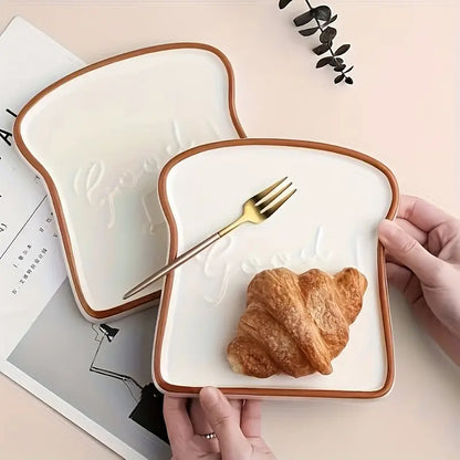 Toast Shaped Ceramic Plate with Smooth Glossy Finish for Breakfast and Desserts