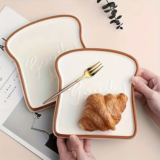 Toast Shaped Ceramic Plate with Smooth Glossy Finish for Breakfast and Desserts
