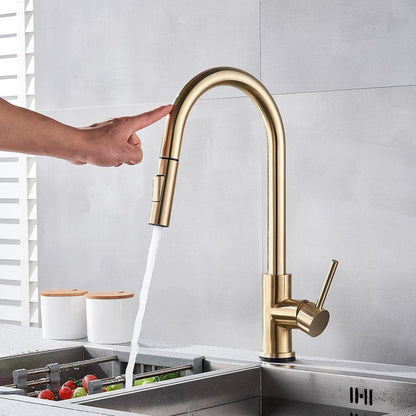 Touchless Pull-Out Kitchen Tap with Flexible Spout and Brass Construction