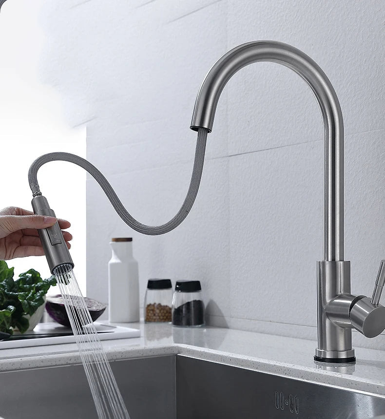 Touchless Pull-Out Kitchen Tap with Flexible Spout and Brass Construction