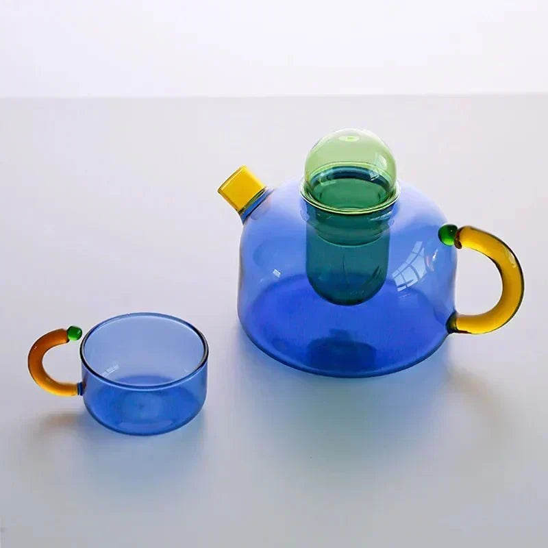 Transparent Heat-Resistant Glass Tea Set with Contrasting Design