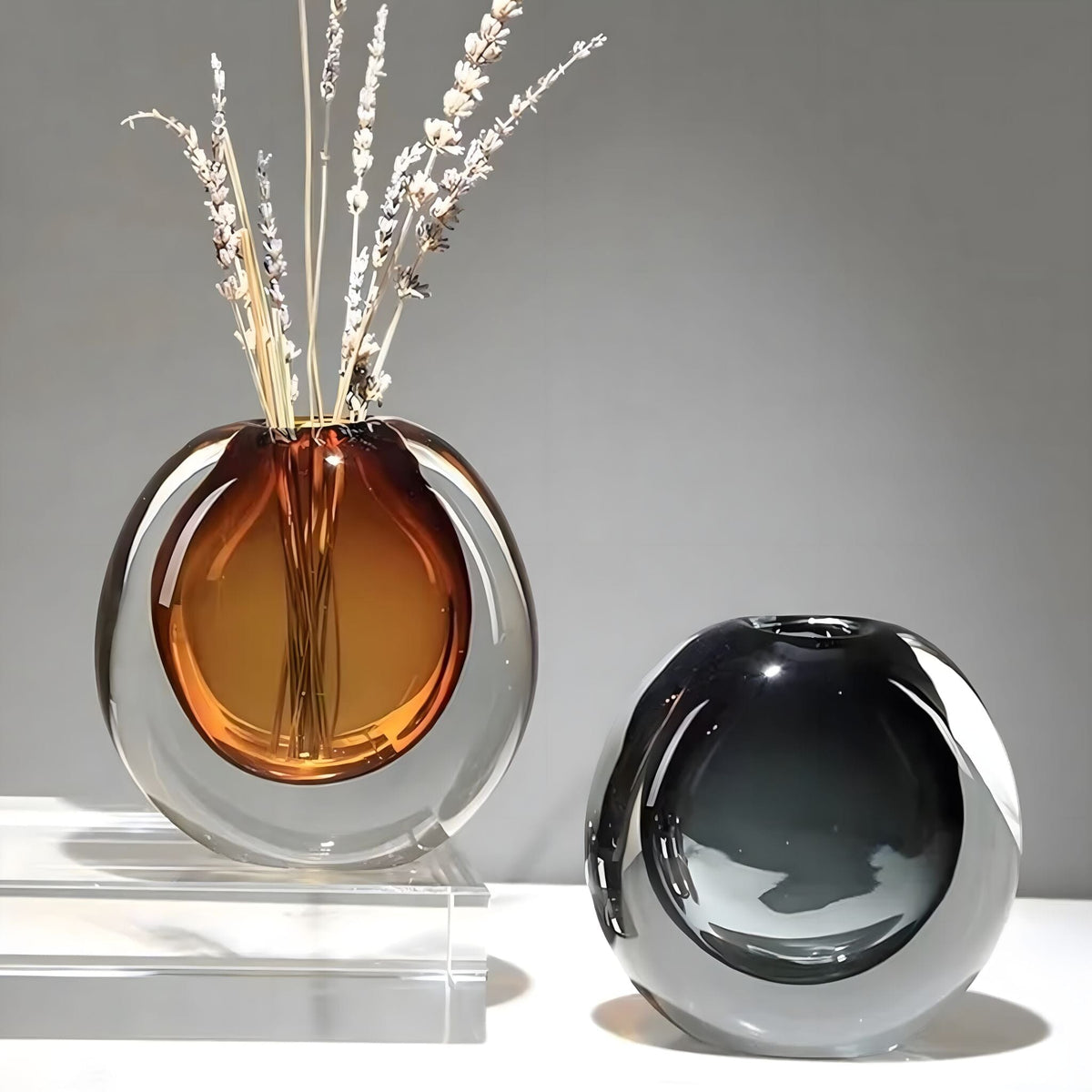 Two-Tone Smoked Glass Sculptural Vase for Living Room and Sideboard
