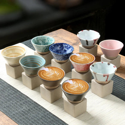 Vintage Cone-Shaped Ceramic Espresso Cups with Stylish Holder