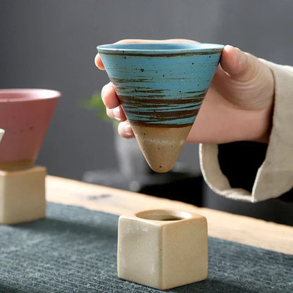 Vintage Cone-Shaped Ceramic Espresso Cups with Stylish Holder