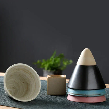 Vintage Cone-Shaped Ceramic Espresso Cups with Stylish Holder