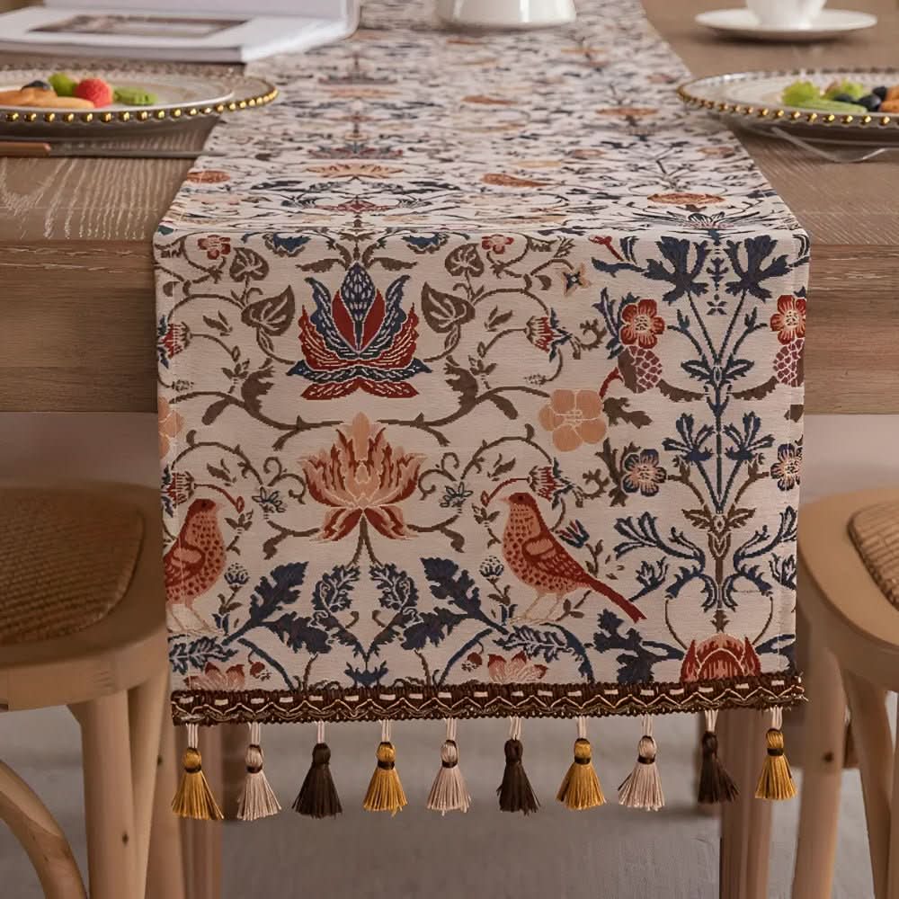 Vintage Jacquard Table Runner with Floral and Bird Pattern and Tassel Fringe
