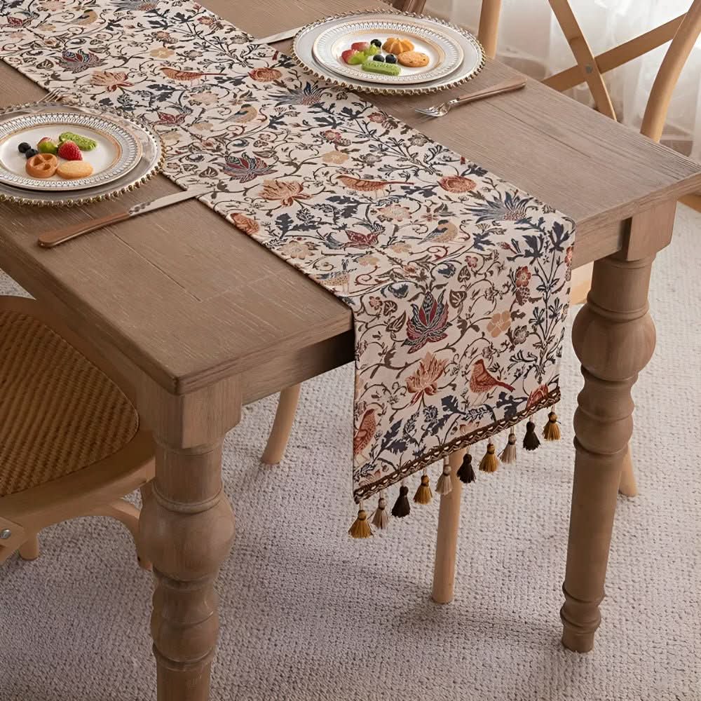 Vintage Jacquard Table Runner with Floral and Bird Pattern and Tassel Fringe