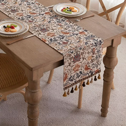 Vintage Jacquard Table Runner with Floral and Bird Pattern and Tassel Fringe