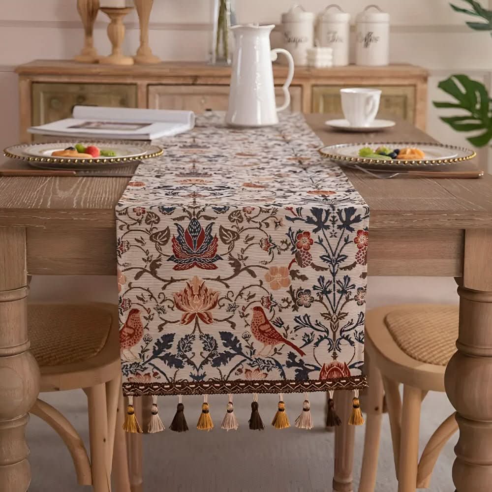 Vintage Jacquard Table Runner with Floral and Bird Pattern and Tassel Fringe