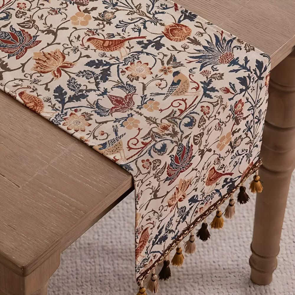 Vintage Jacquard Table Runner with Floral and Bird Pattern and Tassel Fringe