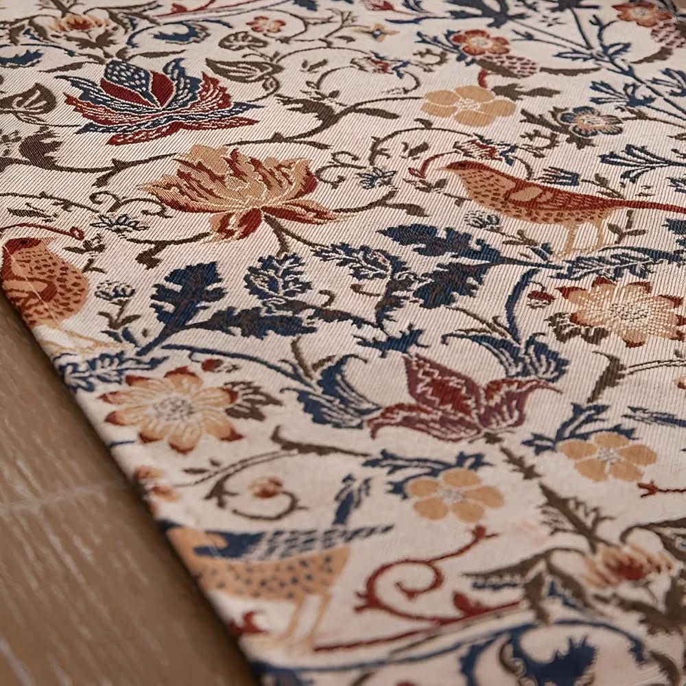 Vintage Jacquard Table Runner with Floral and Bird Pattern and Tassel Fringe
