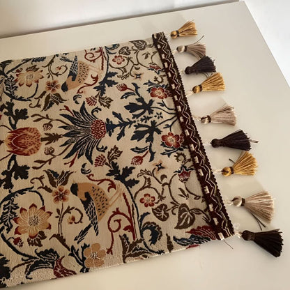 Vintage Jacquard Table Runner with Floral and Bird Pattern and Tassel Fringe