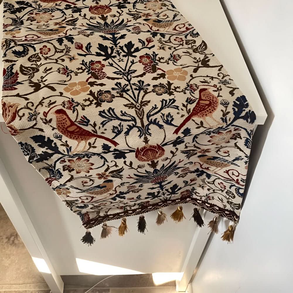 Vintage Jacquard Table Runner with Floral and Bird Pattern and Tassel Fringe
