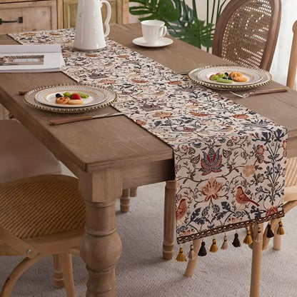 Vintage Jacquard Table Runner with Floral and Bird Pattern and Tassel Fringe