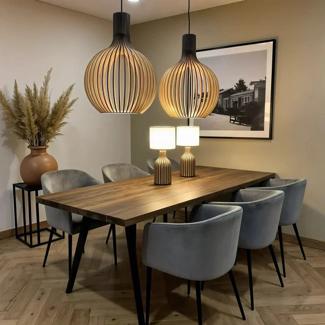 Vintage Wooden Pendant Lamp with Adjustable Height and LED Lighting
