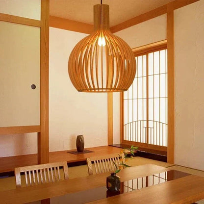 Vintage Wooden Pendant Lamp with Adjustable Height and LED Lighting