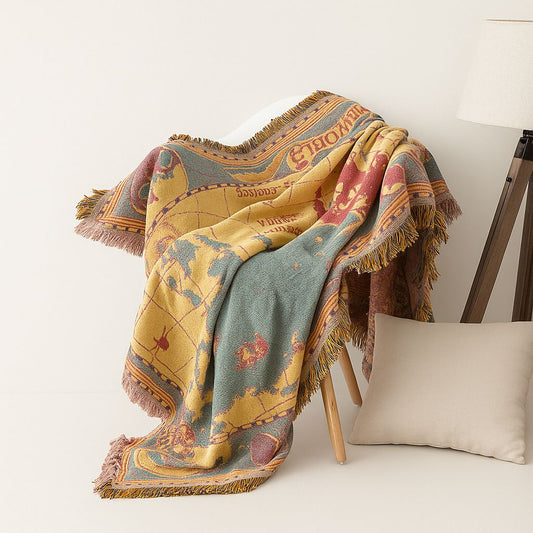 Vintage World Map Cotton Throw Blanket with Woven Texture and Decorative Fringes