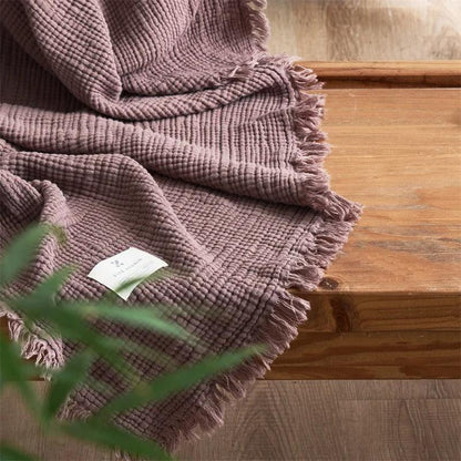 Waffle-Weave Cotton Throw Blanket with Fringe for Sofa and Bed