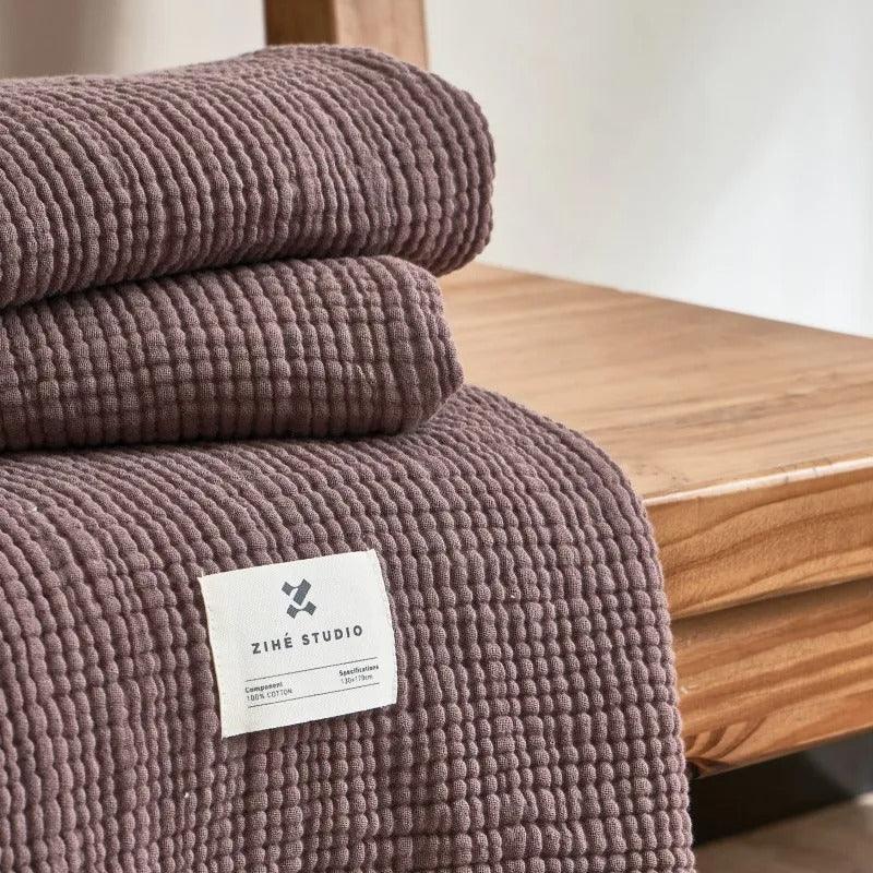 Waffle-Weave Cotton Throw Blanket with Fringe for Sofa and Bed
