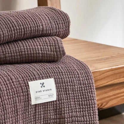 Waffle-Weave Cotton Throw Blanket with Fringe for Sofa and Bed